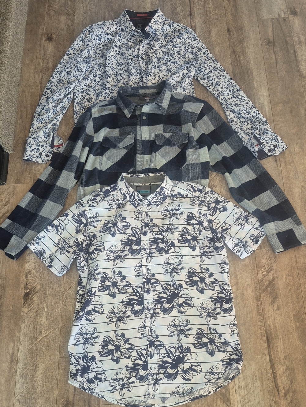Men's Navy Floral Short Sleeve Shirt -long Sleeve Checkered & Floral Set Of 3